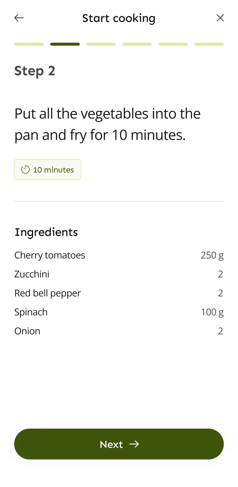 LazyMeals step-by-step cooking mode showing step 2 with a 10-minute timer and the ingredients for that step