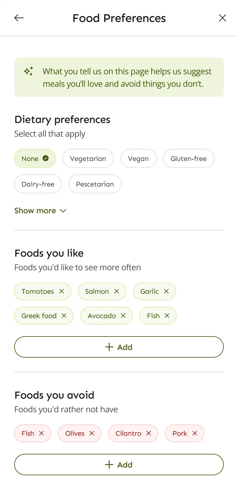 LazyMeals food preferences screen with dietary preferences, foods you like and foods you avoid