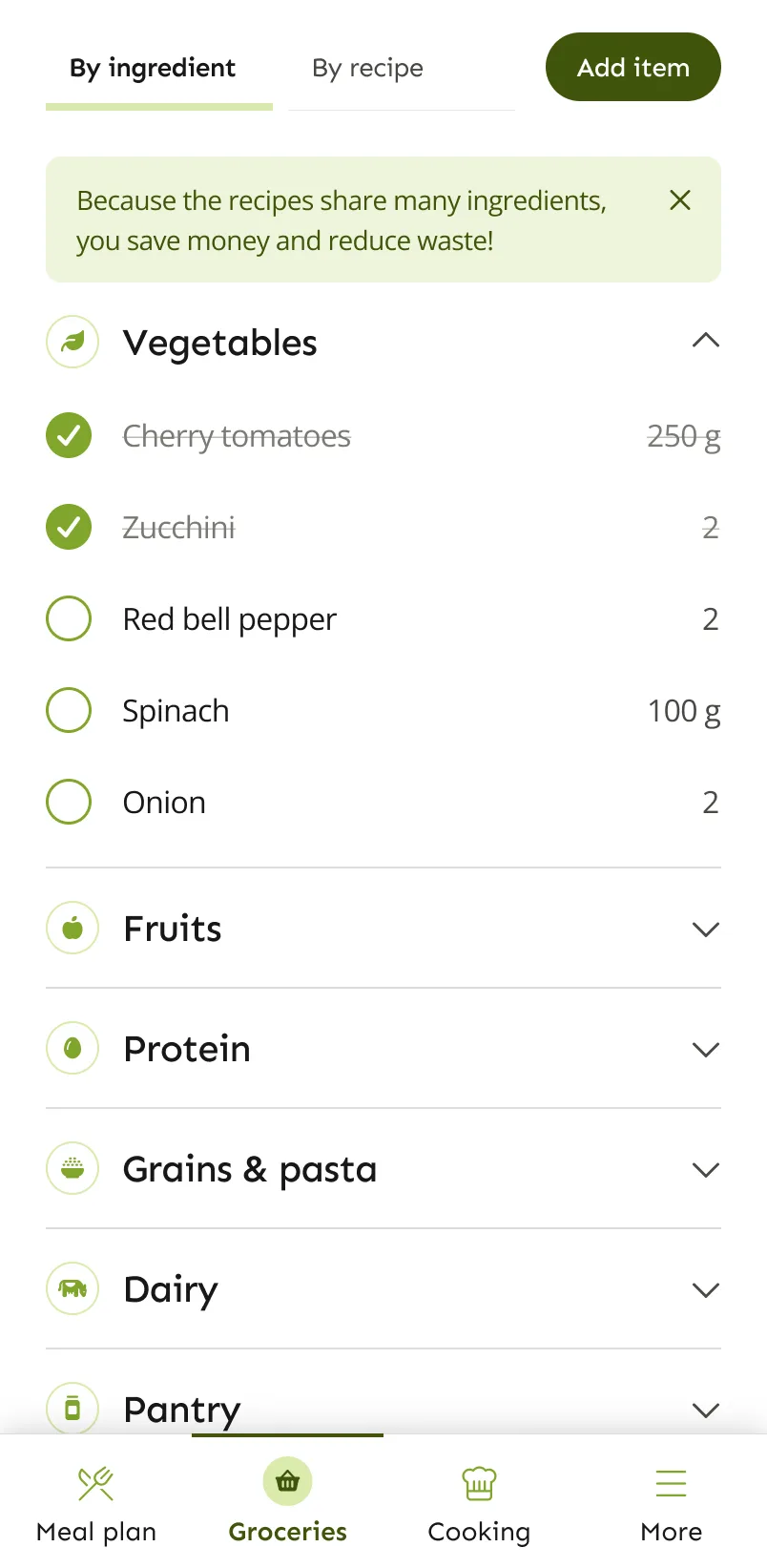 LazyMeals grocery list grouped by category, with some items ticked off