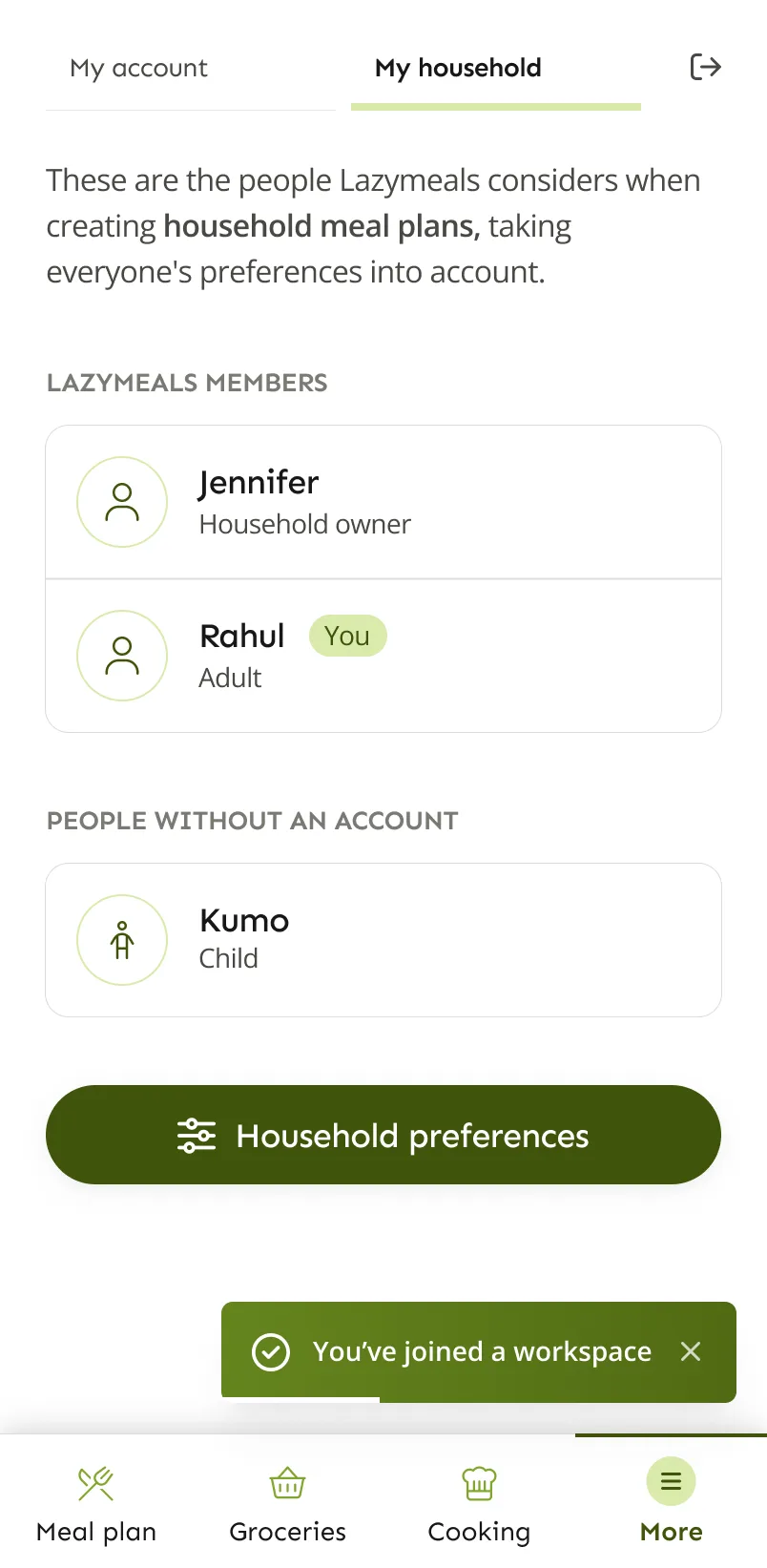 LazyMeals household screen listing the people the meal plans are created for, including a child without an account
