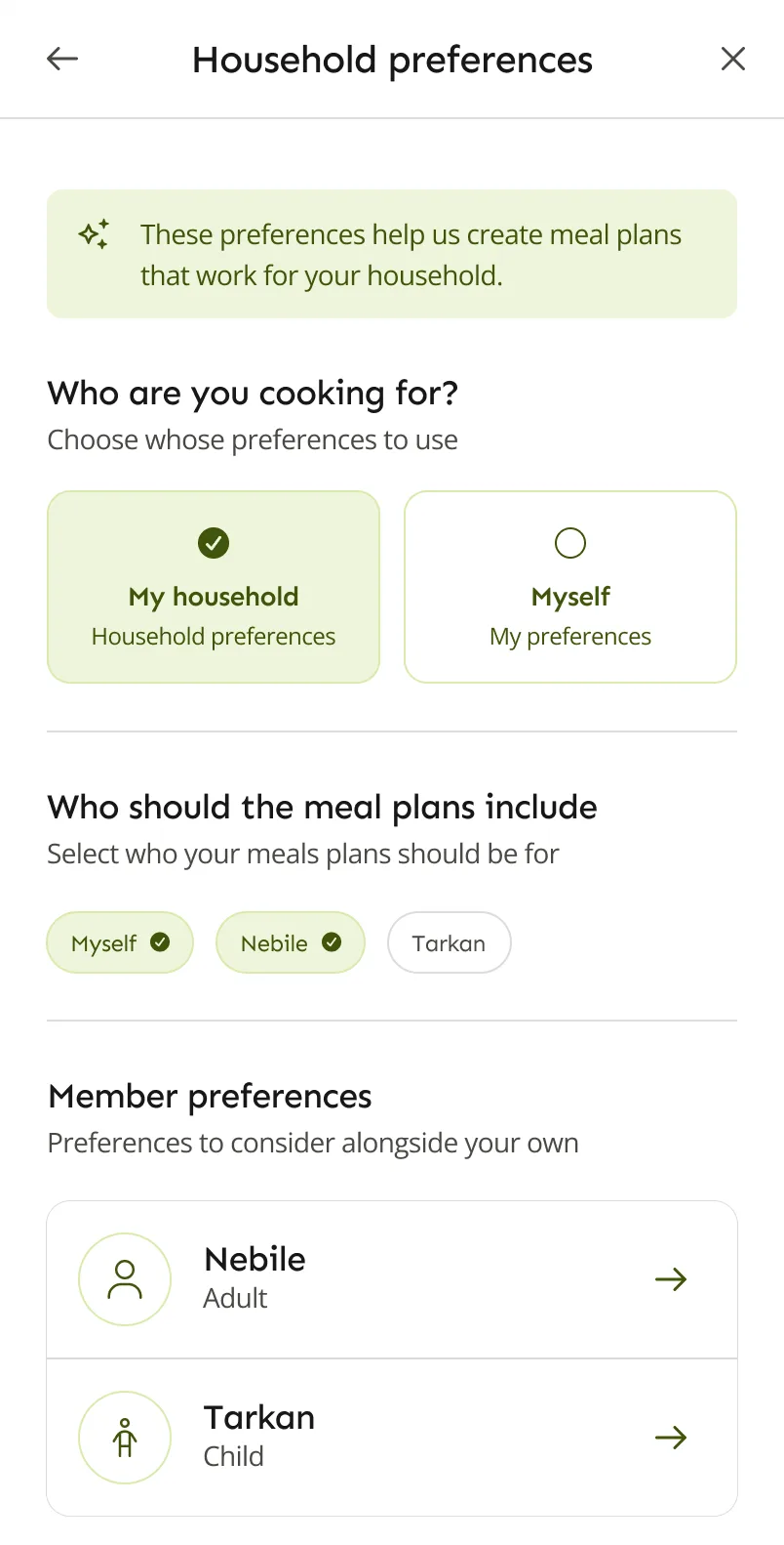 LazyMeals household preferences screen for choosing who the meal plans should include