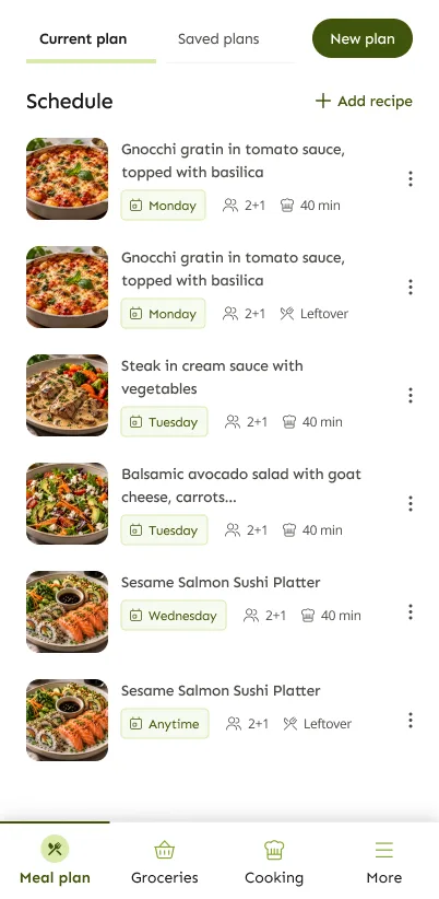 LazyMeals weekly schedule listing dinners by day, including planned leftovers
