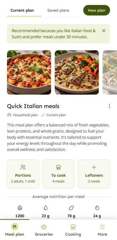 LazyMeals meal plan screen showing a household plan called Quick Italian meals, portions for 2 adults and 1 child, and a note explaining why it was recommended
