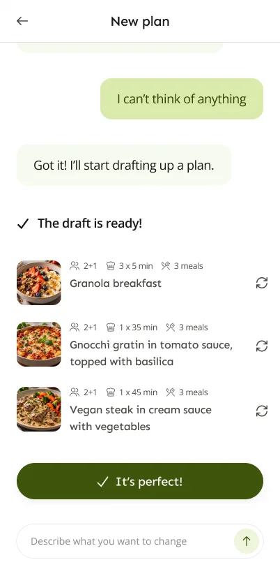 LazyMeals new plan chat showing a drafted plan with three recipes, each with a swap button, and a field to describe changes