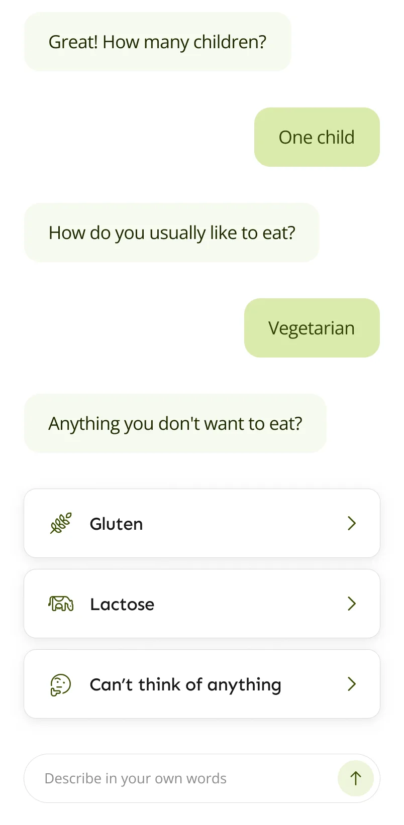 LazyMeals onboarding chat asking about the household and foods to avoid