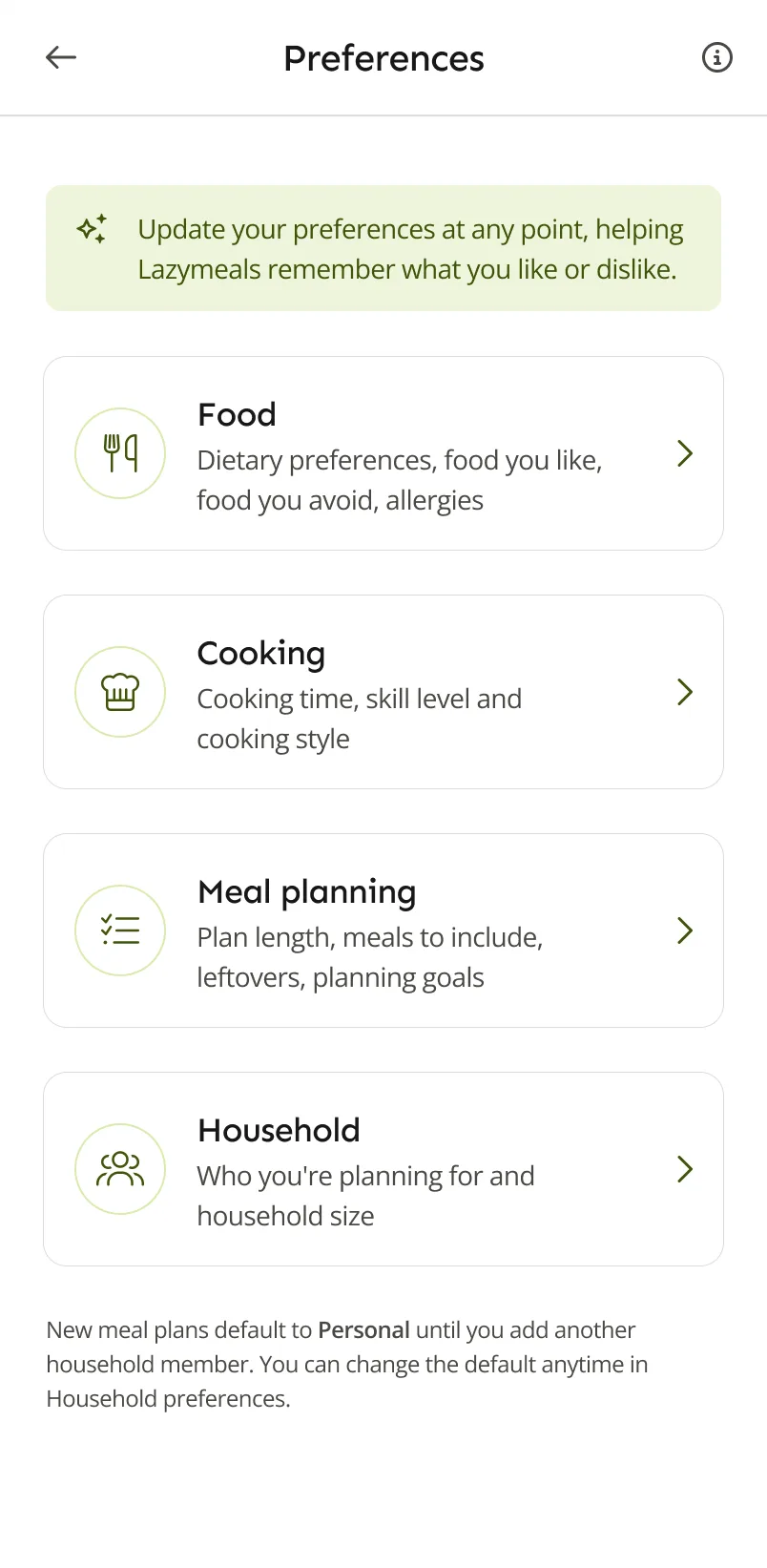 LazyMeals preferences overview with food, cooking, meal planning and household settings