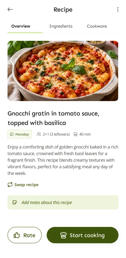 LazyMeals recipe page for gnocchi gratin with cooking time, portions and a Start cooking button
